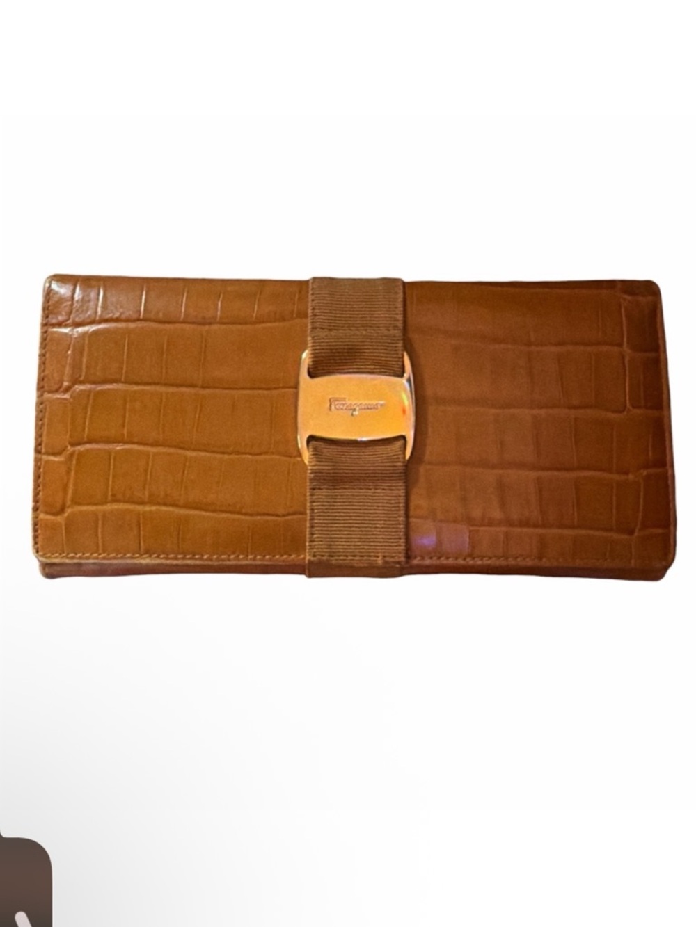 Salvatore Ferragamo Brown Croc-Embossed Leather Clutch with Gold Tone Buckle